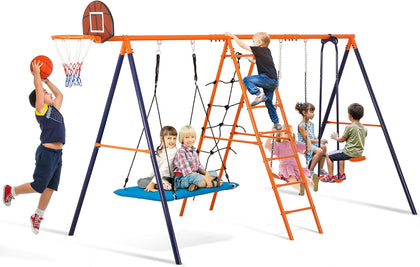 Outdoor Metal Swing Set for Kids, Heavy-Duty Metal Playground Set with Swings, Climbing Ladder, Trapeze Bar &