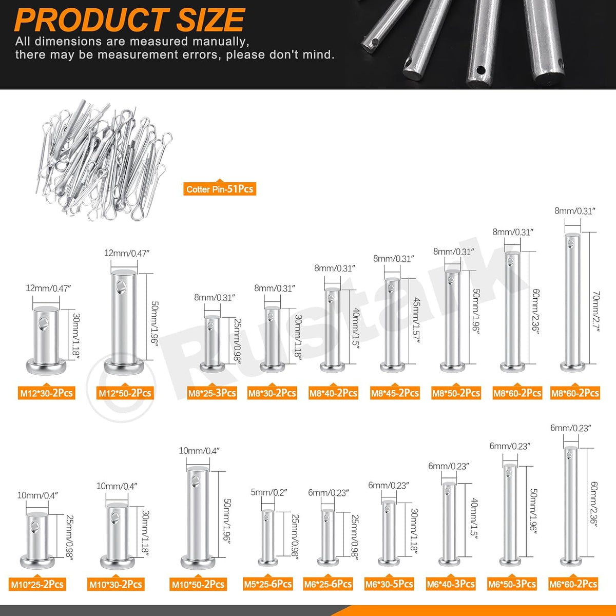 51Pcs 18 Sizes M5 M6 M8 M10 M12 Flat Head Single Hole Clevis Pins Assortment Kit Flat Head Fastener Pins T Shape Round Pin Link Hinge Pin Single Hole Clevis Pin for Auto