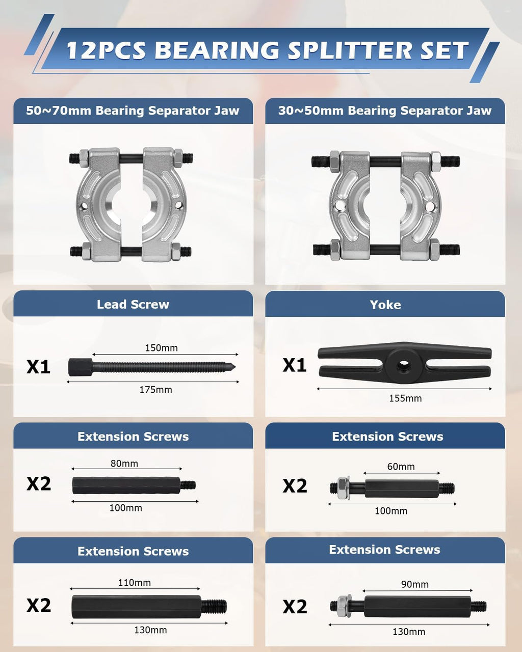 12pcs Bearing Separator Puller Set, Heavy Duty 5 Ton Capacity 2" and 3" Bearings Splitters Puller Kit