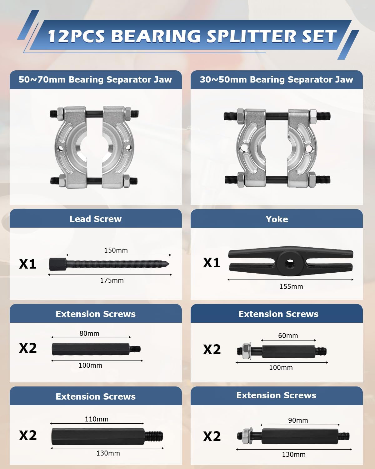 12pcs Bearing Separator Puller Set, Heavy Duty 5 Ton Capacity 2" and 3" Bearings Splitters Puller Kit