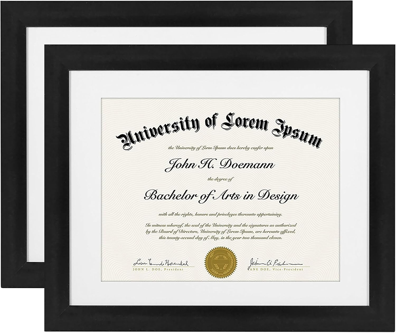 11x14 Diploma Frame with Shatter-Resistant Glass - Set of 2 - Use as 8.5x11 Frame with Mat or Display 11x14 Documents