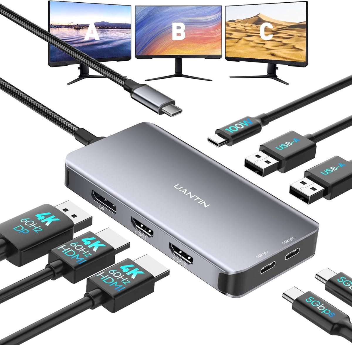 USB C Docking Station Dual Monitor, Laptop Docking Station 3 Monitor | 8 in 1 USBC Hub Triple Display USB C Adapter