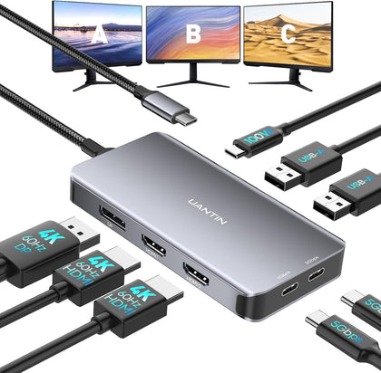 USB C Docking Station Dual Monitor, Laptop Docking Station 3 Monitor | 8 in 1 USBC Hub Triple Display USB C Adapter