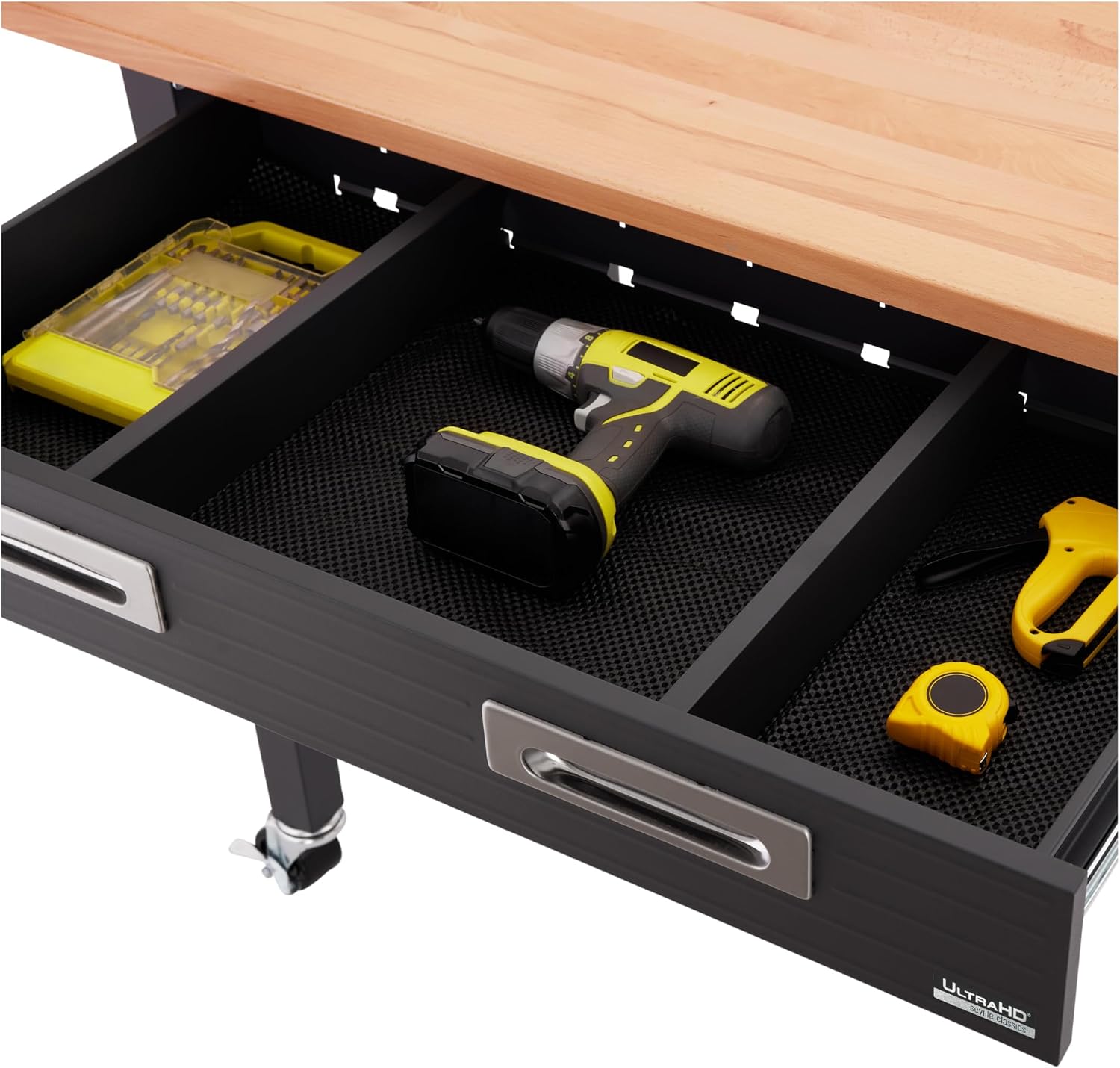 UltraGraphite Wood Top Workbench on Wheels with Sliding Organizer Drawer Table, 48", Graphite