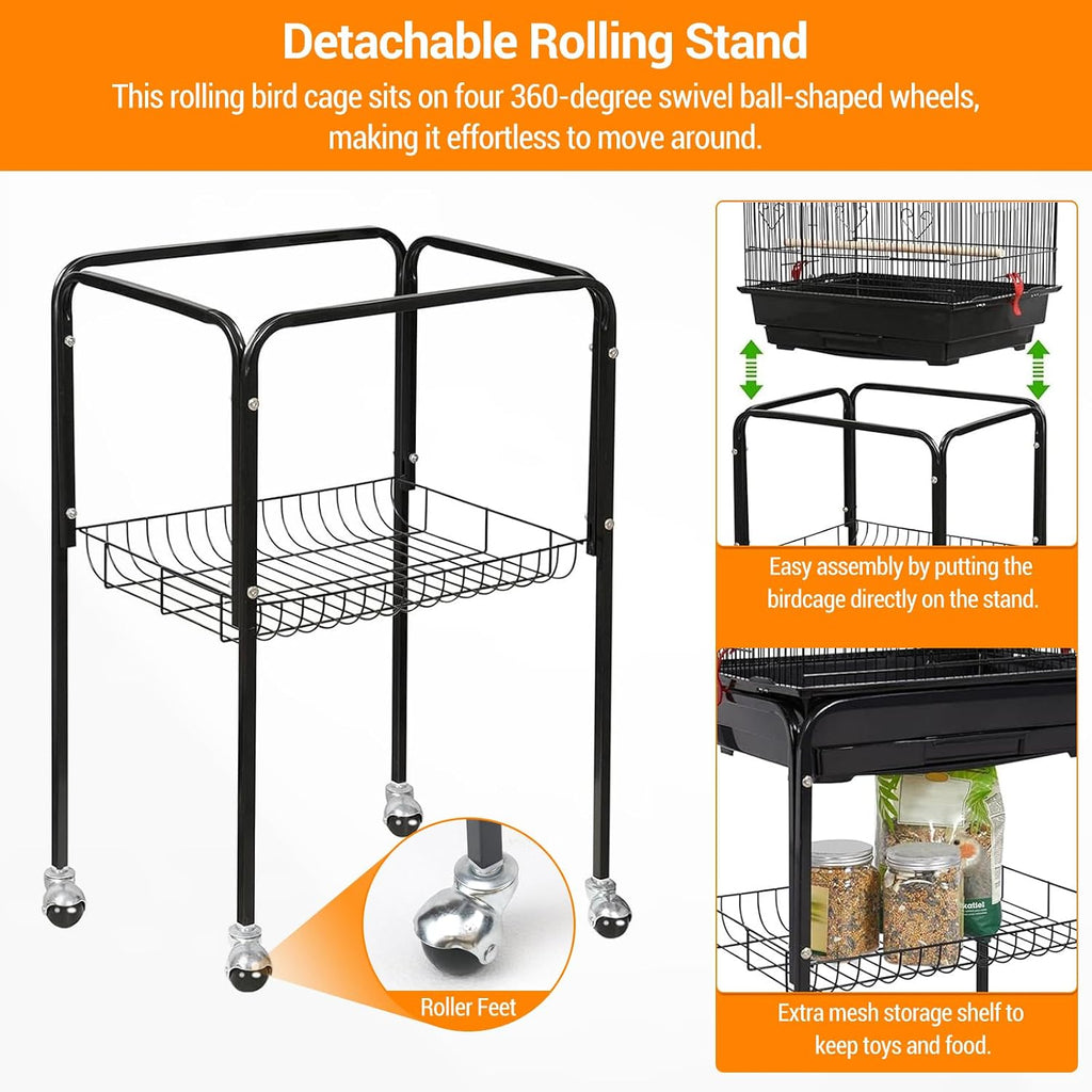 64'' Large Metal Bird Flight Cage with Open Top, Detachable Rolling Stand & Storage Shelf for Parrots, Conures