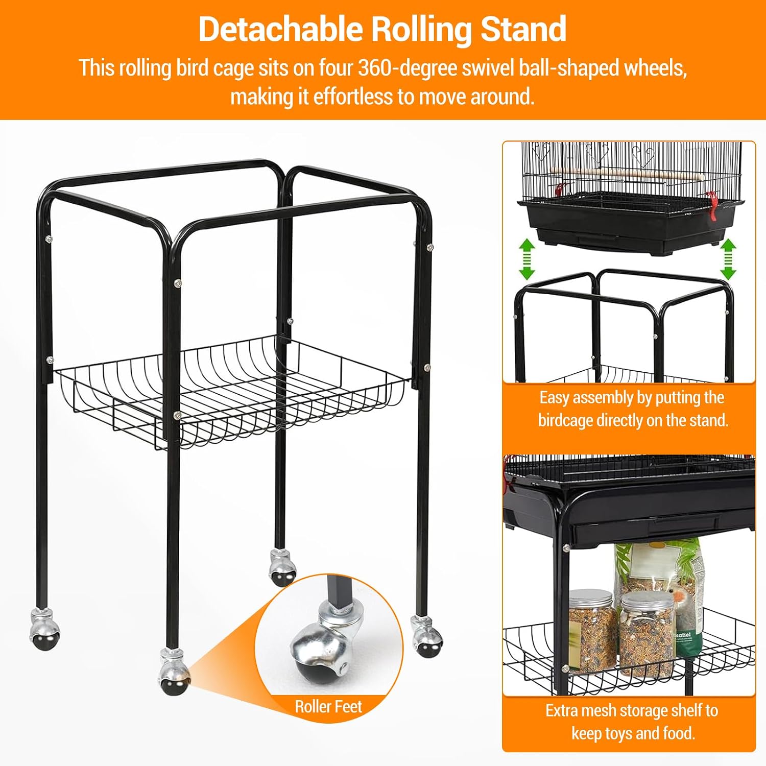 64'' Large Metal Bird Flight Cage with Open Top, Detachable Rolling Stand & Storage Shelf for Parrots, Conures