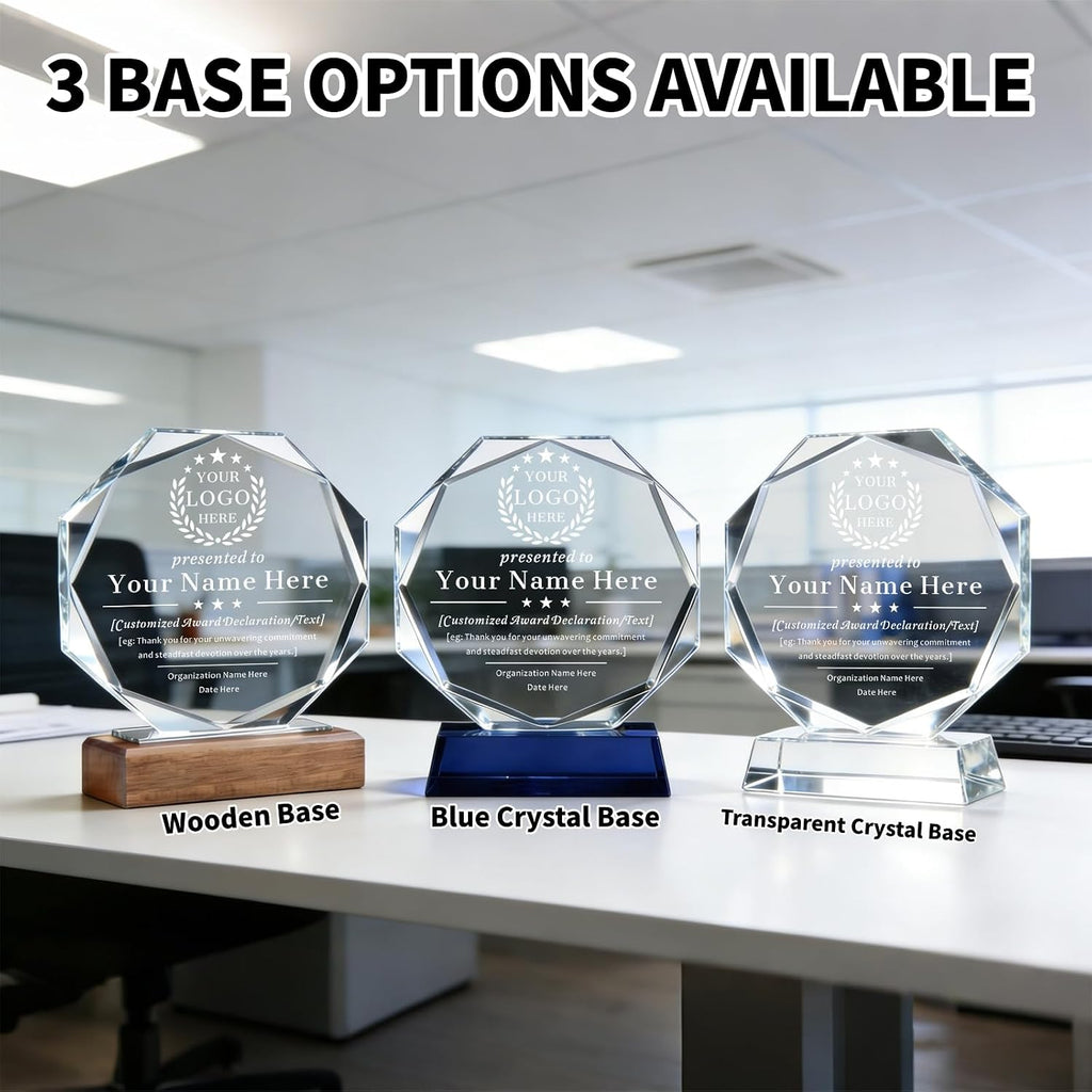 SHIP NEXT DAY, Personalized Crystal Award Trophy - Custom with Company Logo Text & Employee Name, Engraved Award for
