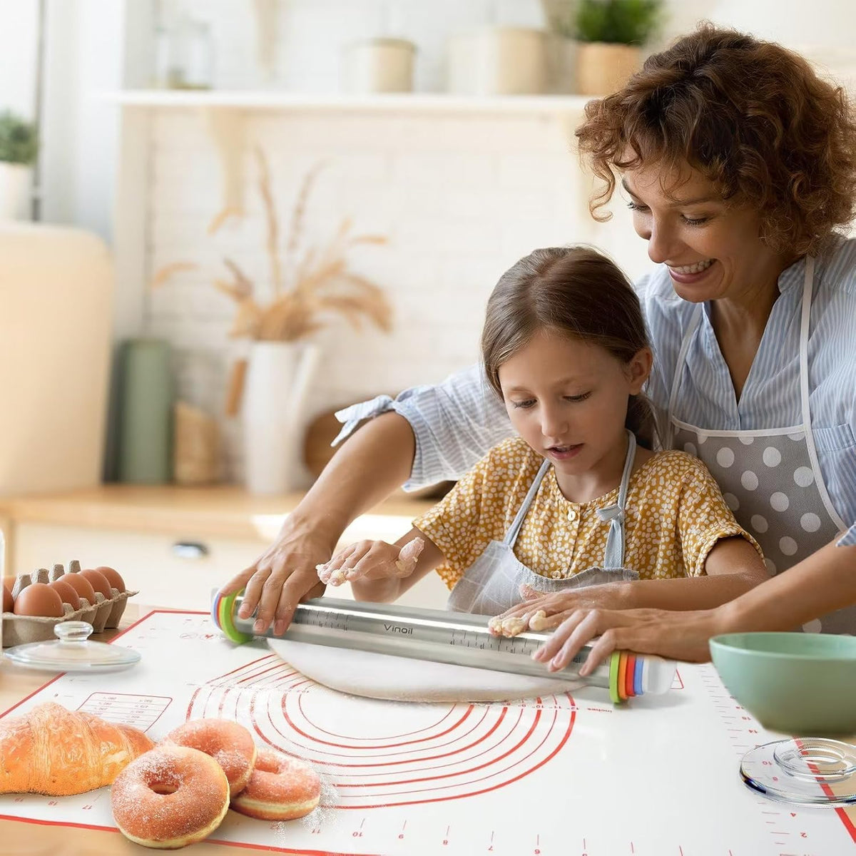 Stainless Steel Rolling Pin and Silicone Mat Set, Adjustable Thickness Rings