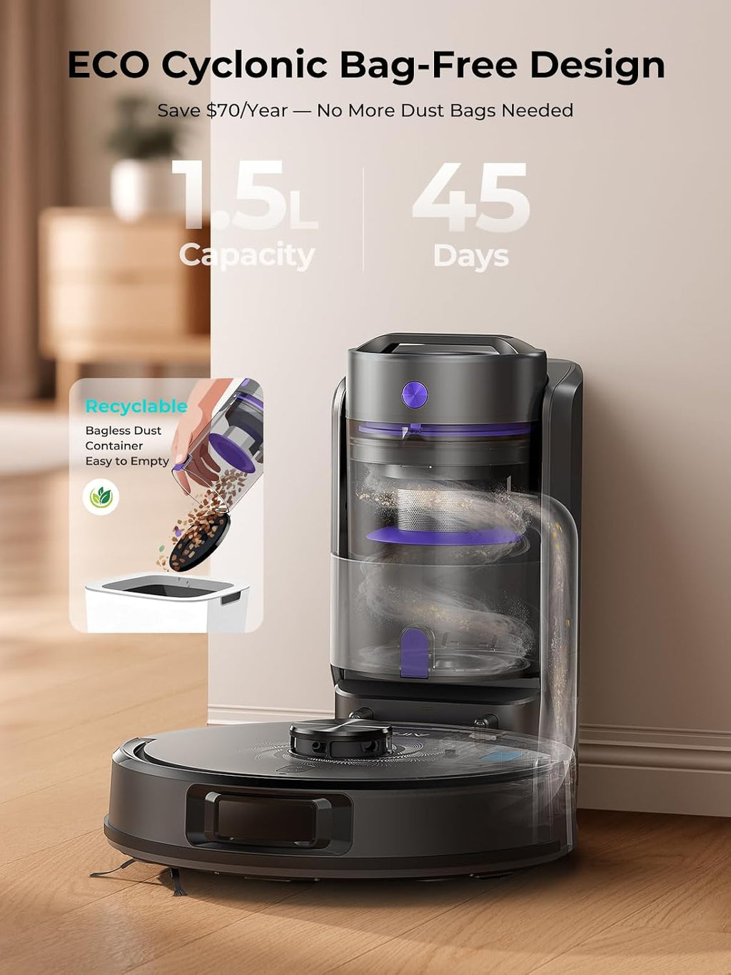 Bagless Robot Vacuum and Mop Self-Emptying for Pet Hair/Carpet | LiDar Navigation for Smart Mapping, 6000Pa