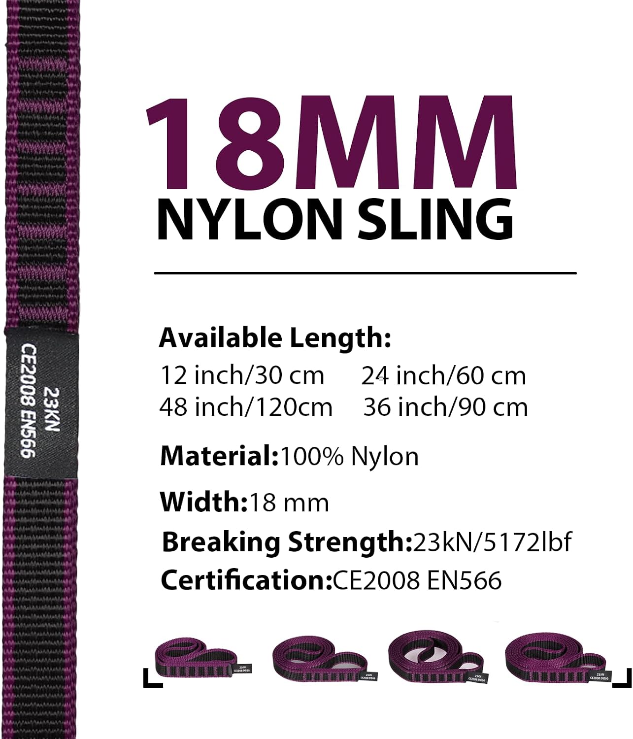 18mm Nylon Climbing Sling Runner, 23KN CE2008/EN566 Certified | Heavy duty webbing straps for rock climbing