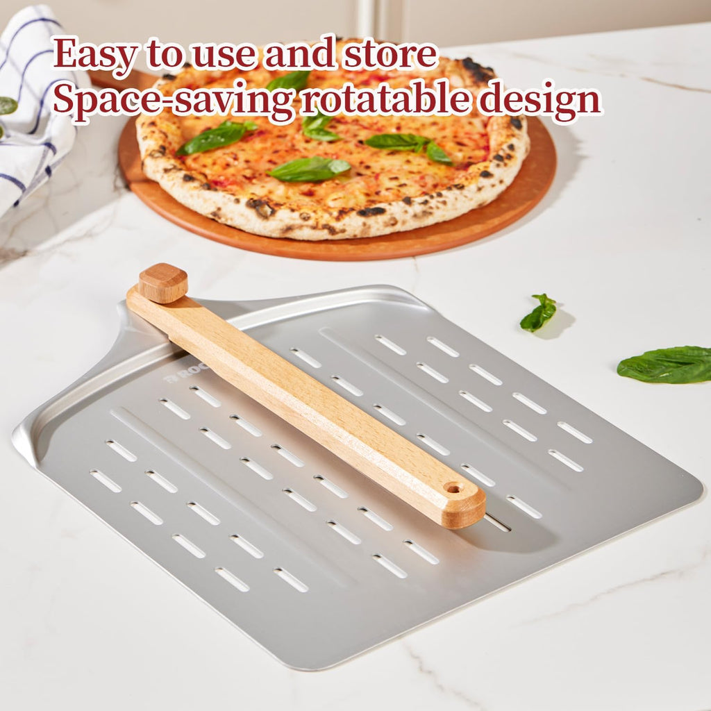 Pizza Cutter Rocker & 12 Inch Rotating Pizza Peel Set - Anodized Aluminum Peel with Wooden Handle, Includes Plastic