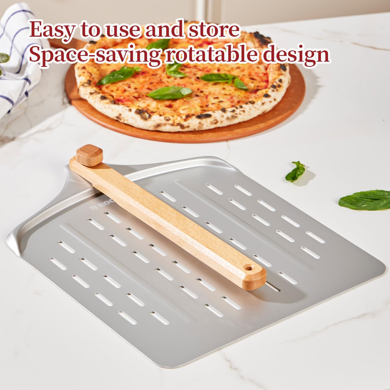 Pizza Cutter Rocker & 12 Inch Rotating Pizza Peel Set - Anodized Aluminum Peel with Wooden Handle, Includes Plastic