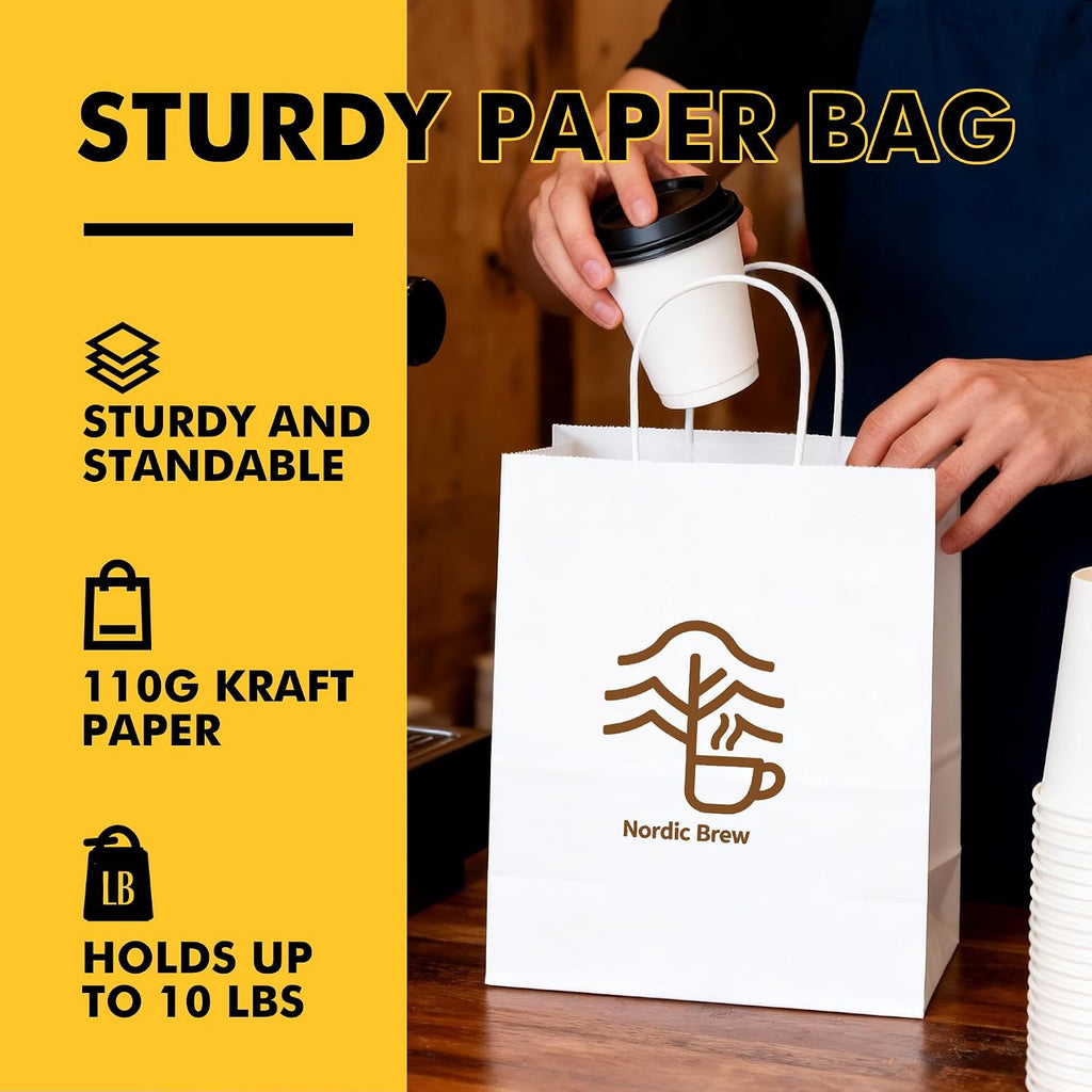 Large White Kraft Paper Bags 50 Pack 10x5x13 in with Handles
