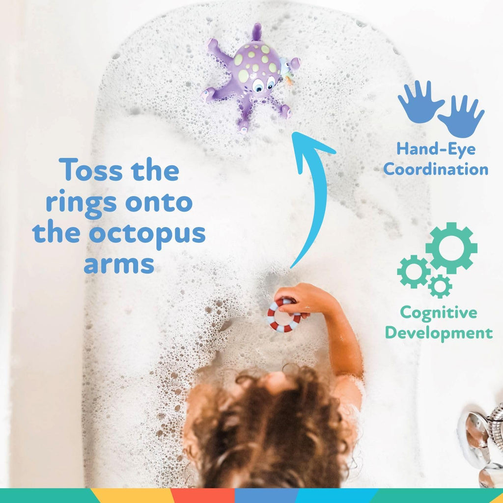 Floating Octopus with 3 Hoopla Rings - Baby & Toddler Bath Toy - No Hole Design Keeps Moisture Out - Fine Motor