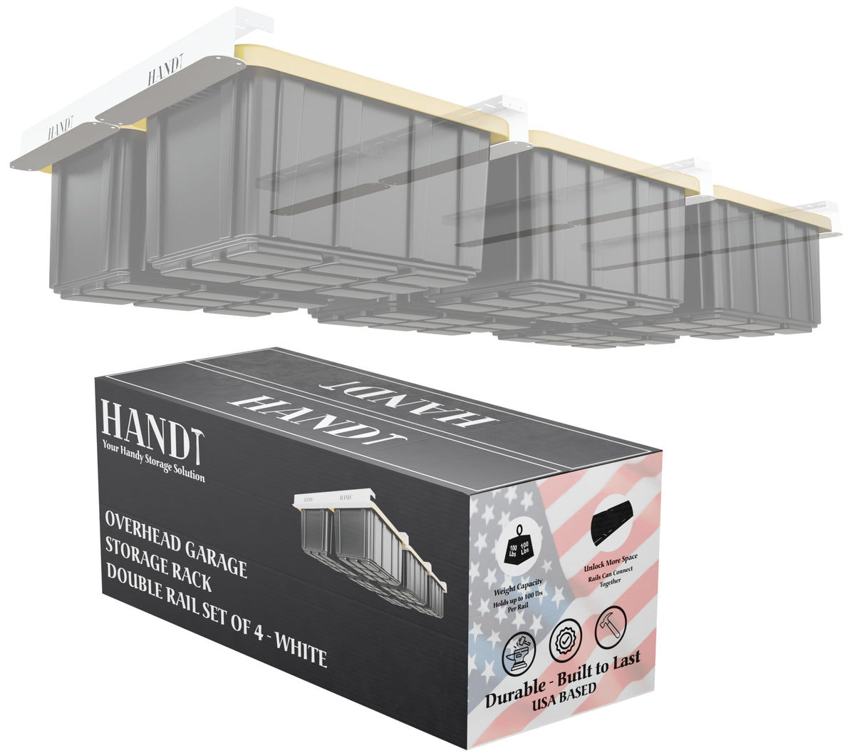 USA Based Overhead Garage Storage Rack, Connectable Heavy Duty Metal Ceiling Rails Garage Storage Organization