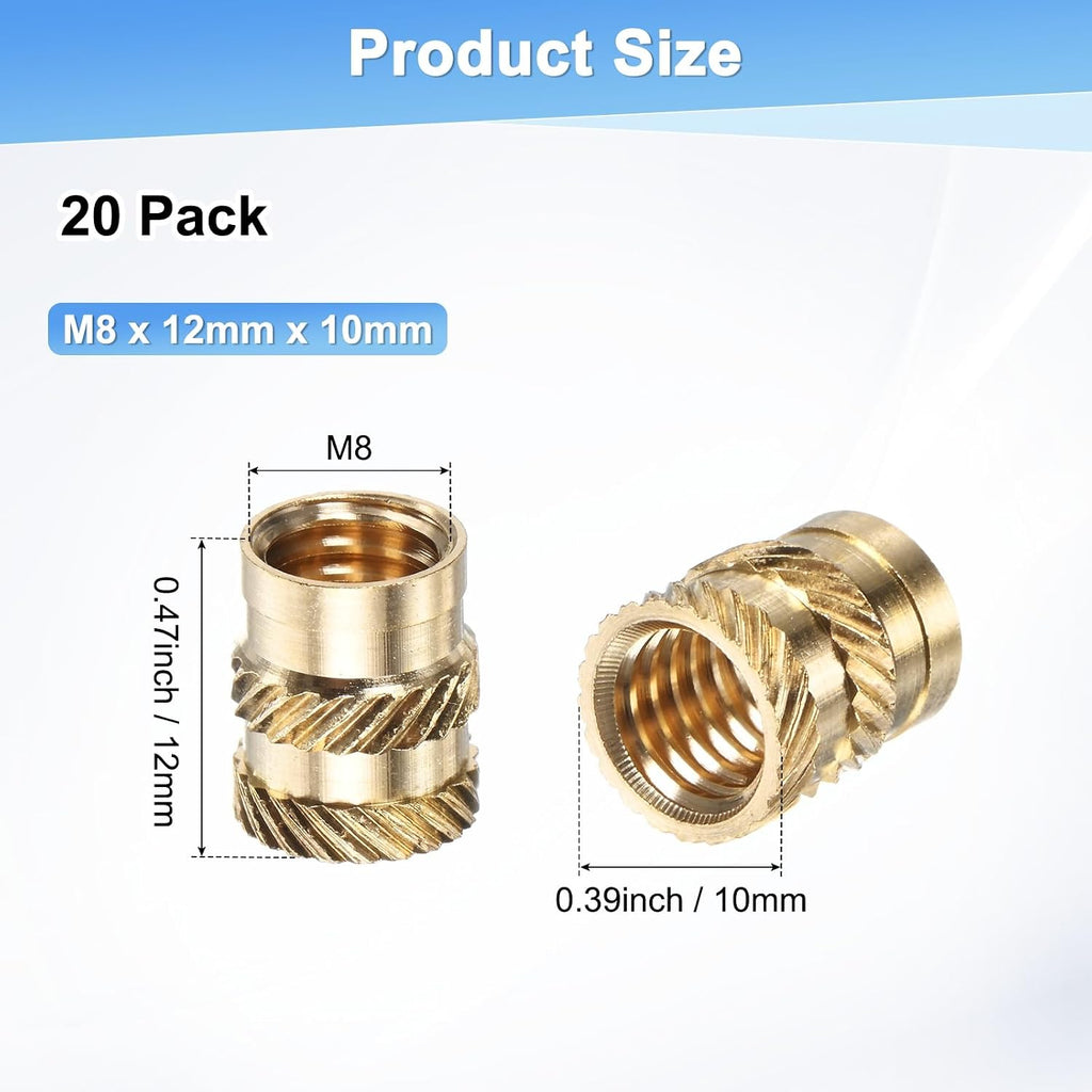 M METERXITY 20-Pack Threaded Inserts M8x12x10mm Brass
