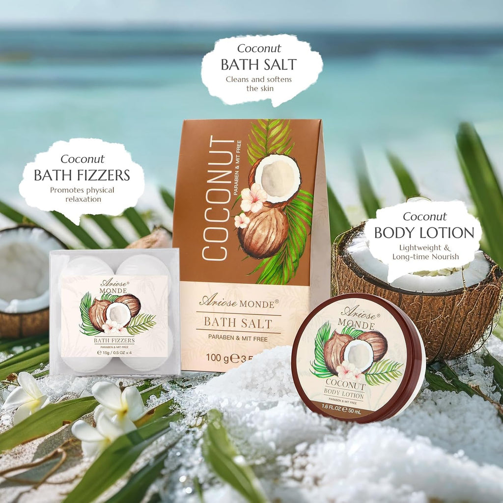 Bath & Shower Spa Basket Gift Set, Coconut Scent, with Shower Gel, Bubble Bath,Body Lotion, Bath Bomb,Bath Salt, Bath