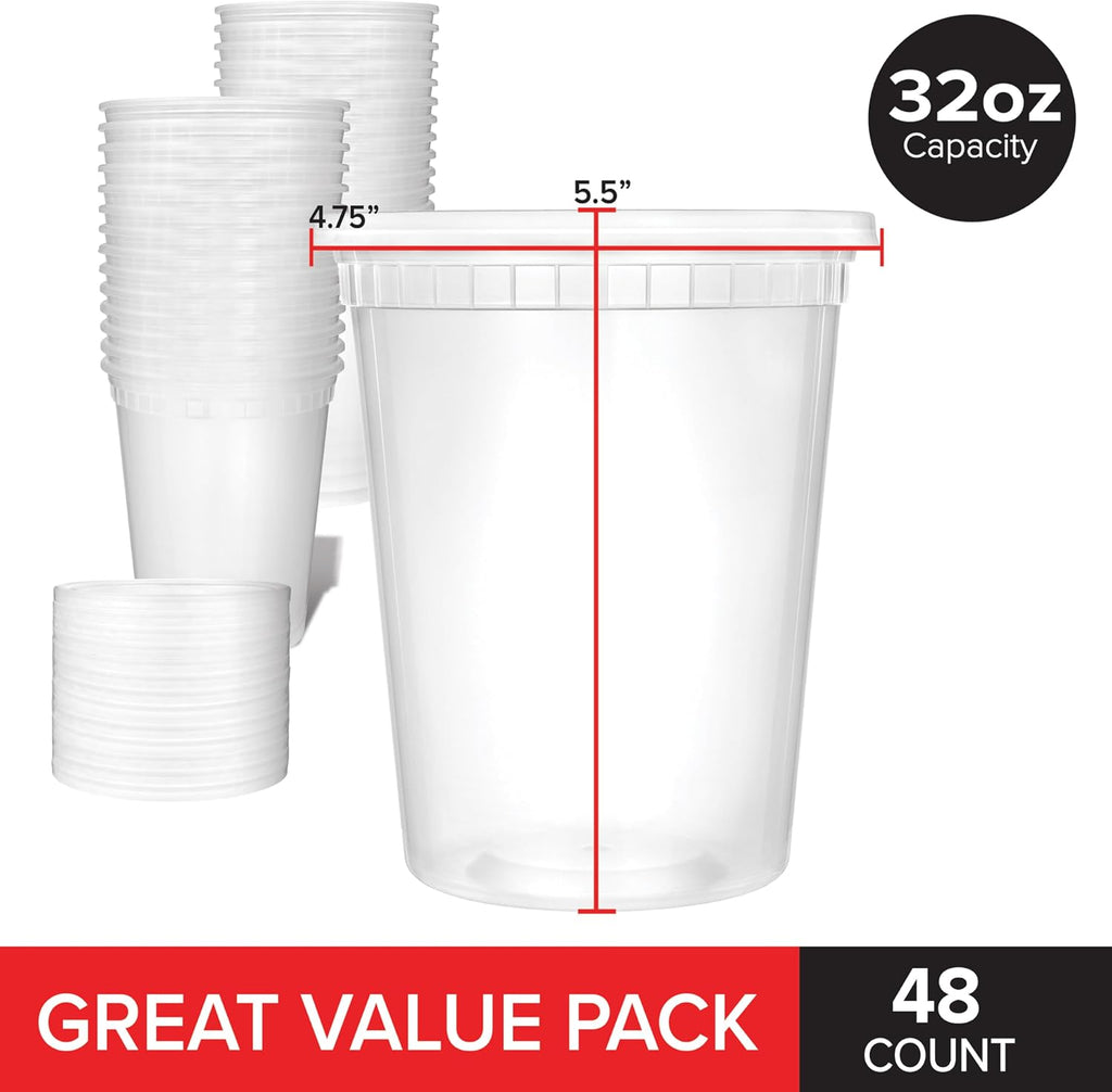 32oz Plastic Deli Containers with Lids (48 Pack), Disposable Plastic Food Storage Containers with Lids, Reusable