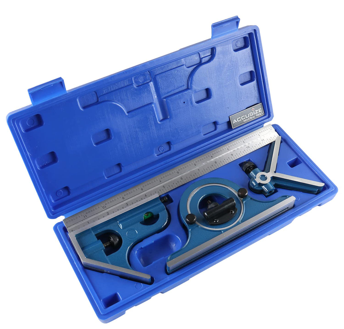 Accusize Industrial Tools 12'' 4 Combination Square Ruler Set Protractor Satin, 4-R Graduation, 0000-8101