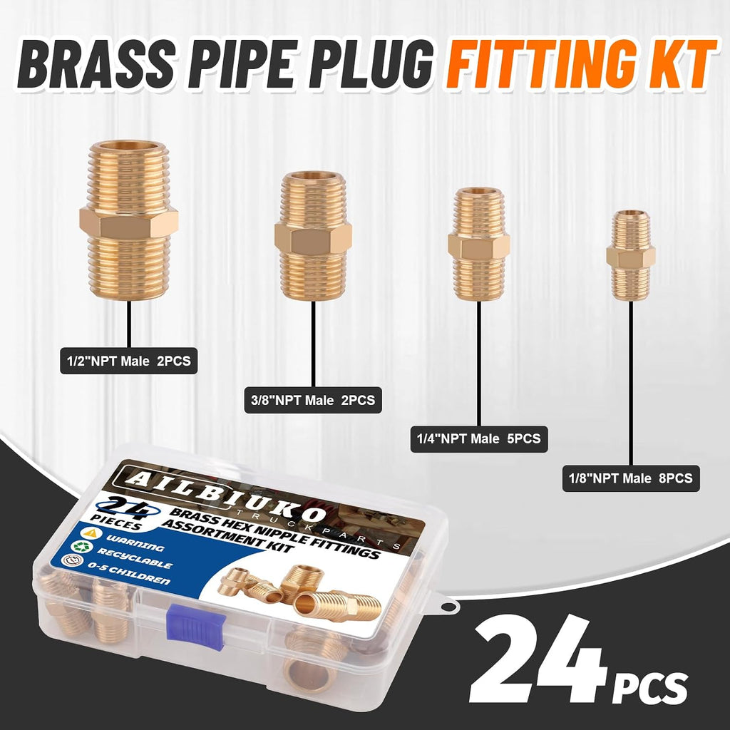 24Pcs Brass Pipe Fittings Hex Nipple Kit,1/8" 1/4" 3/8" 1/2" NPT