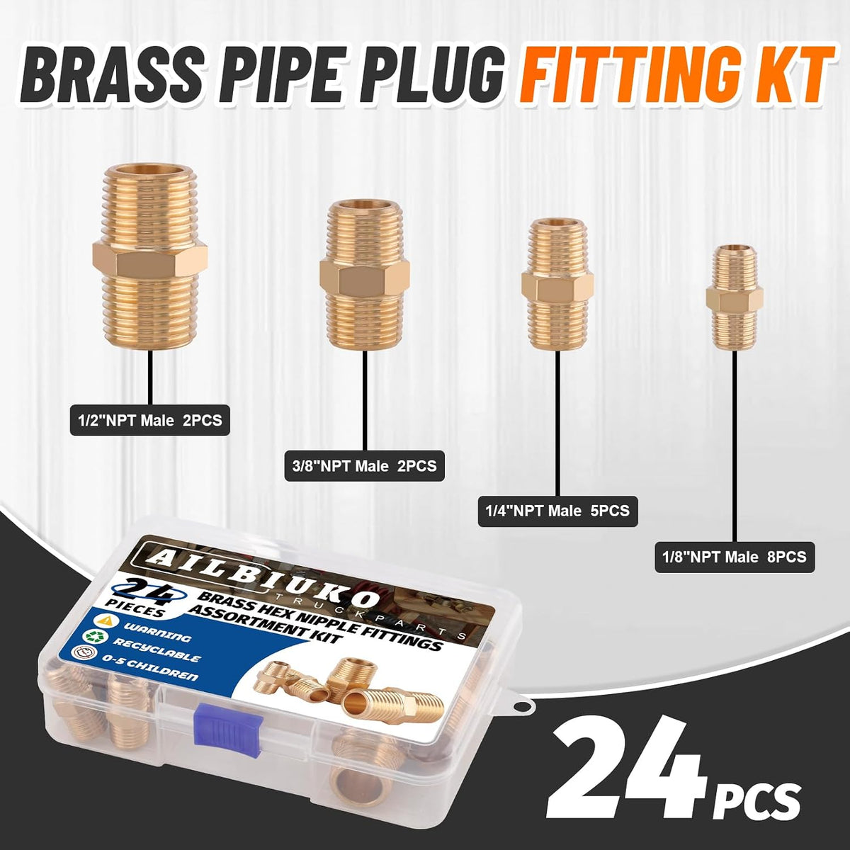 24Pcs Brass Pipe Fittings Hex Nipple Kit,1/8" 1/4" 3/8" 1/2" NPT