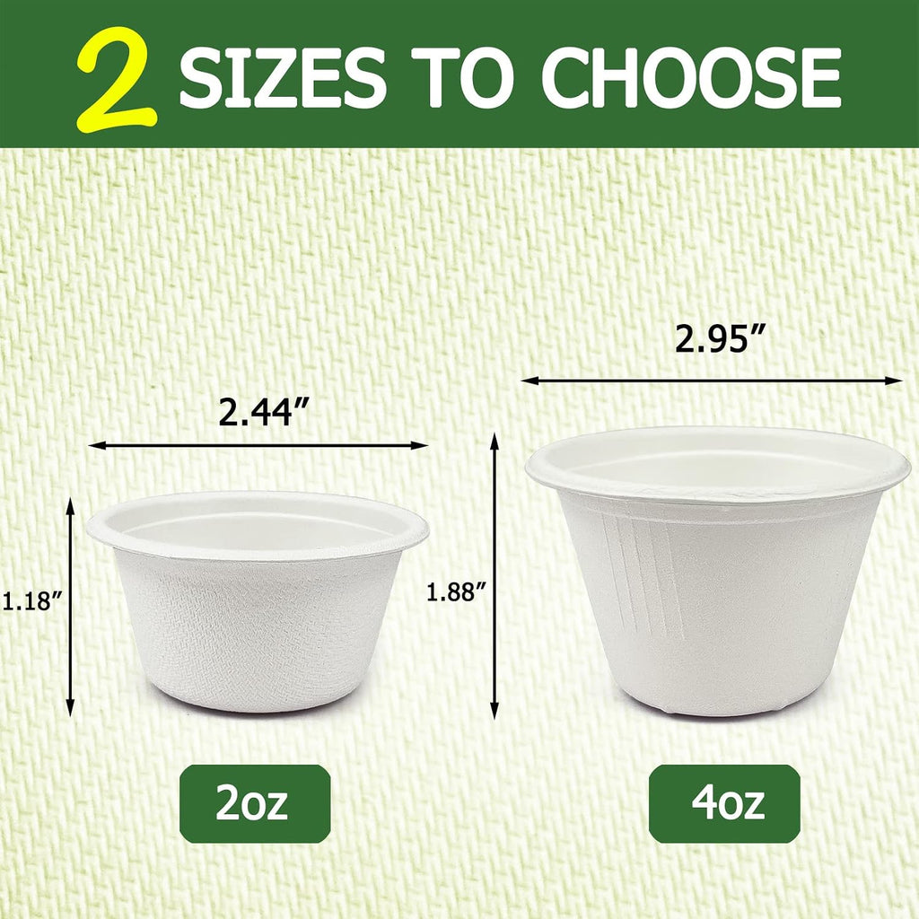 2 oz Disposable Bagasse Fiber Souffle Cups 100pk, 100% Natural Biodegradable Compostable Condiment Cups Sample Cup