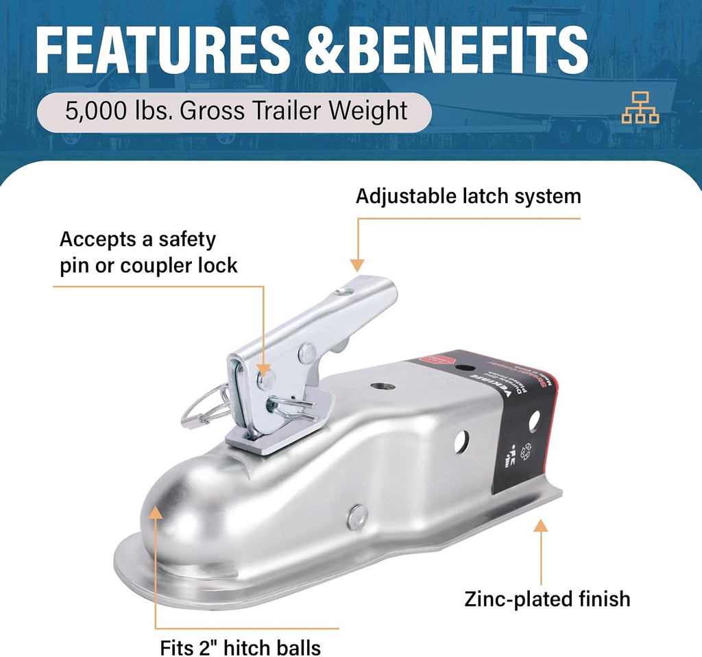 Straight Tongue (Zinc) Trailer Coupler with Hardware, Easy Remove Sticker and Instruction fit for 3" Channel, 2"