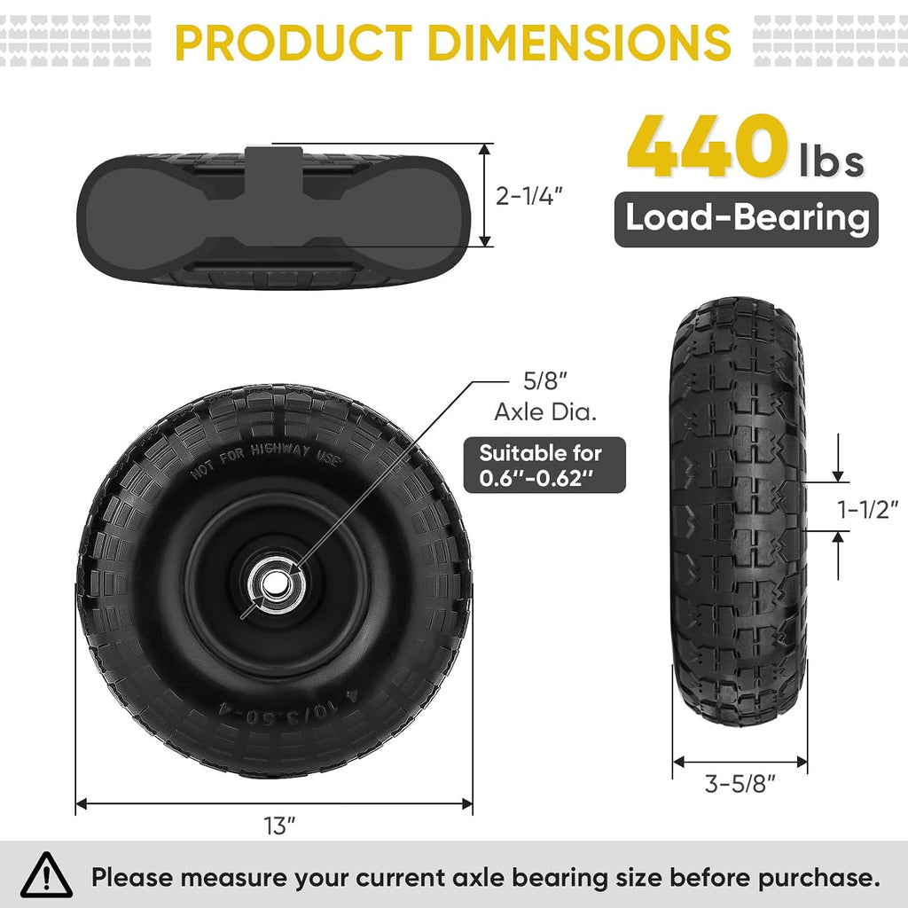 4.00-6 Tire and Wheel Flat Free, 2 Pack 13" Solid Tires with 5/8" Axle Bore Hole and Double Sealed Bearings, Perfect