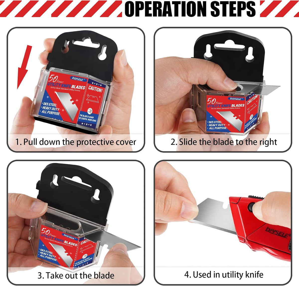 50 Pack Utility Knife Blades, SK5 Steel Box Cutter Blades with Dispenser, Standard Blades for Box Cutter Utility