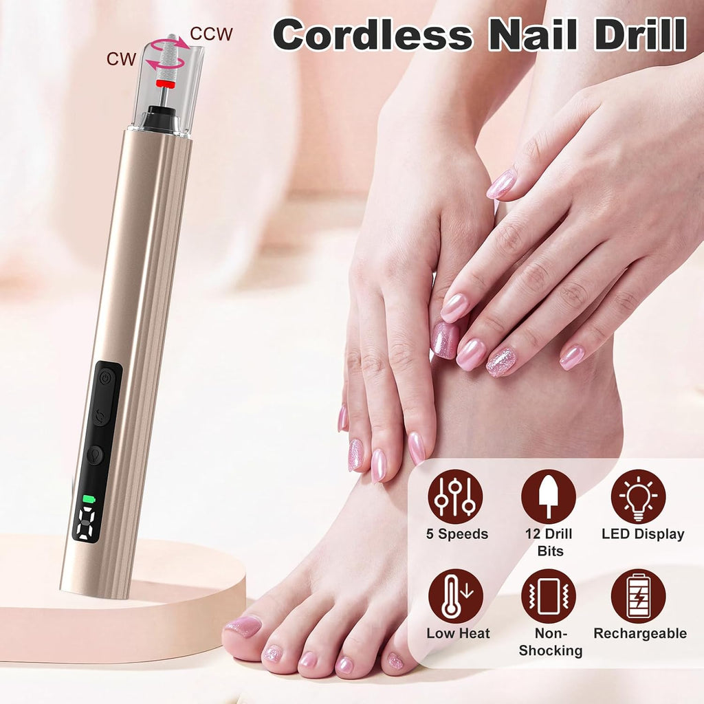 Cordless Electric Nail File Drill with UV Light Lamp, 5 Speed | Rechargeable Portable Manicure and Pedicure Kit, Nail