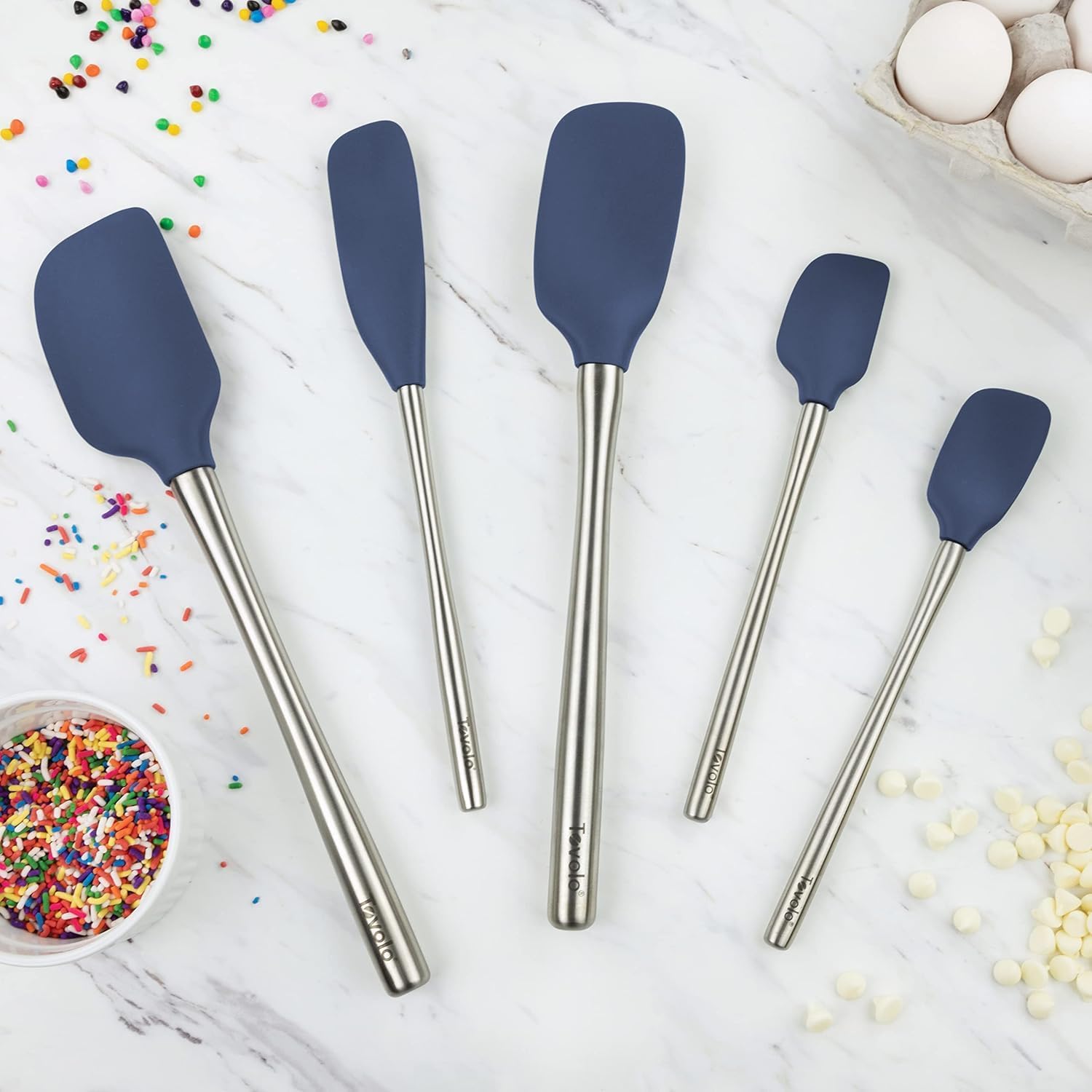 Stainless Steel Handled Silicone Spatula Set of 5 Deep Indigo, Dishwasher Safe Kitchen Spatula Set for Cooking