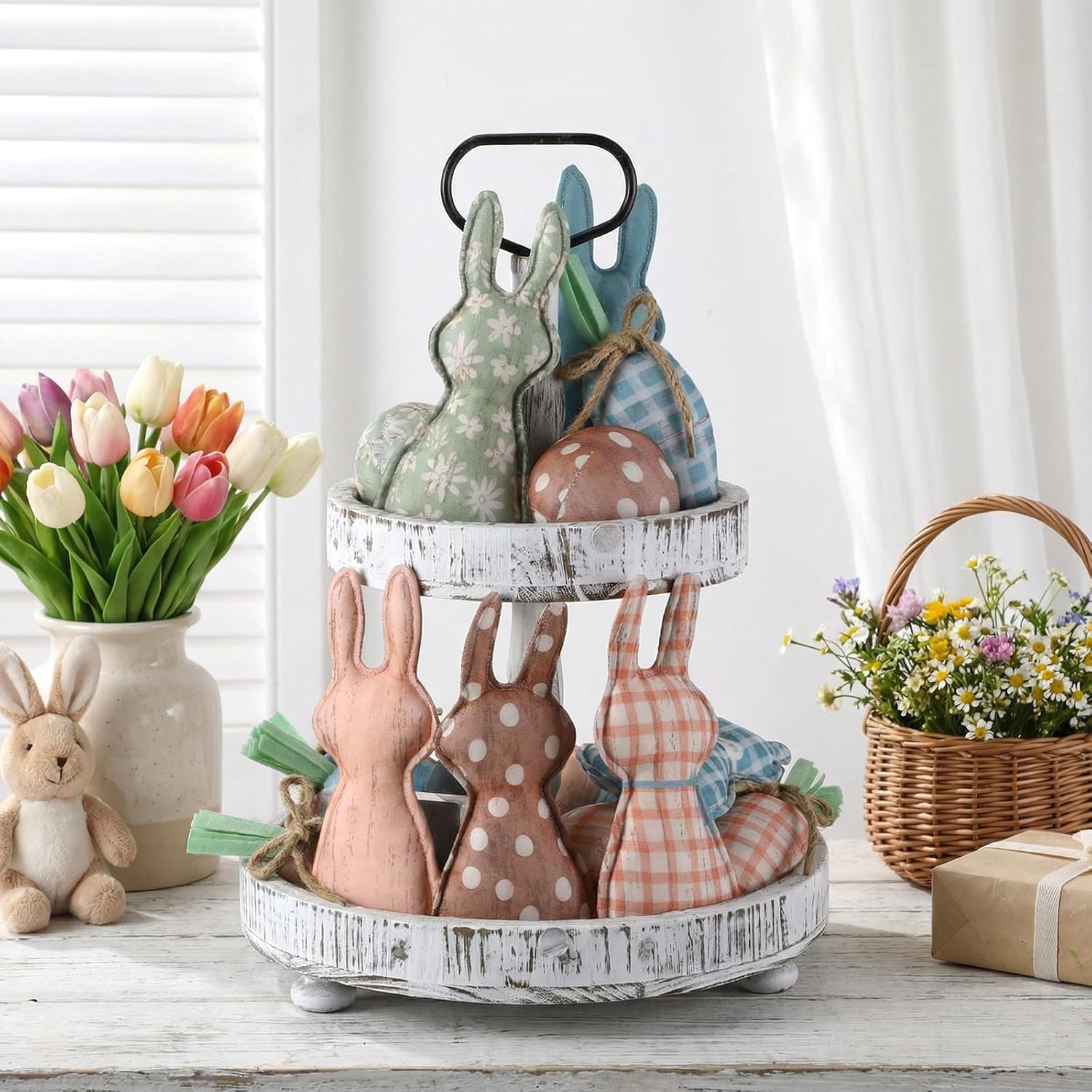 18 Pcs Rustic Easter Bunny Decorations Farmhouse Spring Fabric Bunnies Carrot Eggs Vase Filler Table Decor for Desk