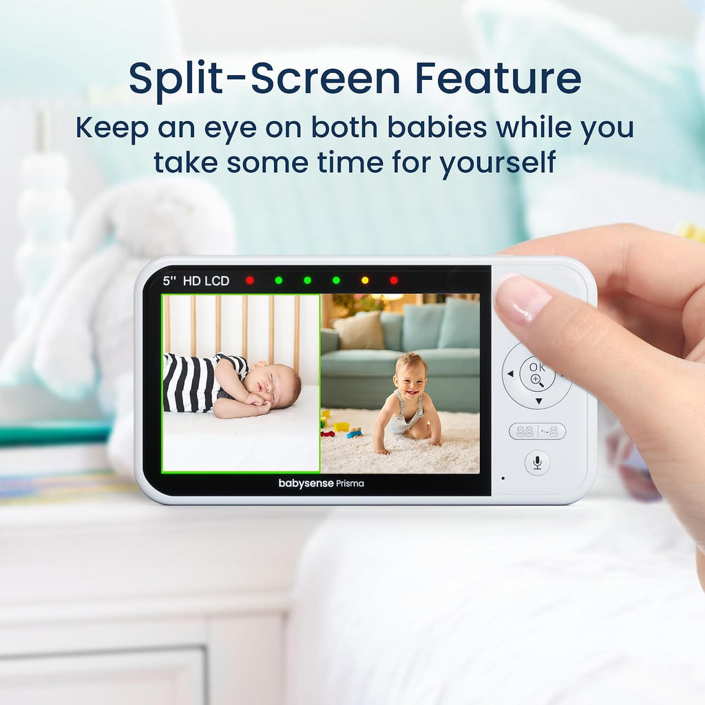 Prisma Baby Monitor with Camera and Audio, No WiFi 5” HD Video Baby Monitor, 6-Color Night Light, Split Screen