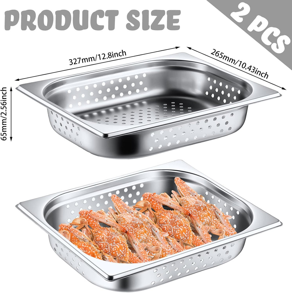 2 Pack Half Hotel Pan Perforated Steam, 12.8'' x 2.56'' x 10.43''