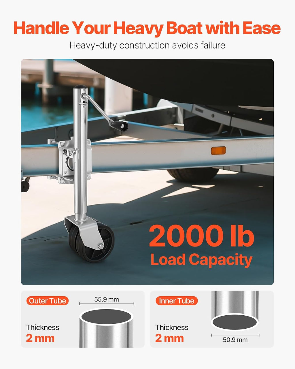 Trailer Jack with Wheel, 2000 lbs Load Capacity, Heavy Duty Swivel Boat Trailer Jack with PP Dual Wheel & Ergonomic