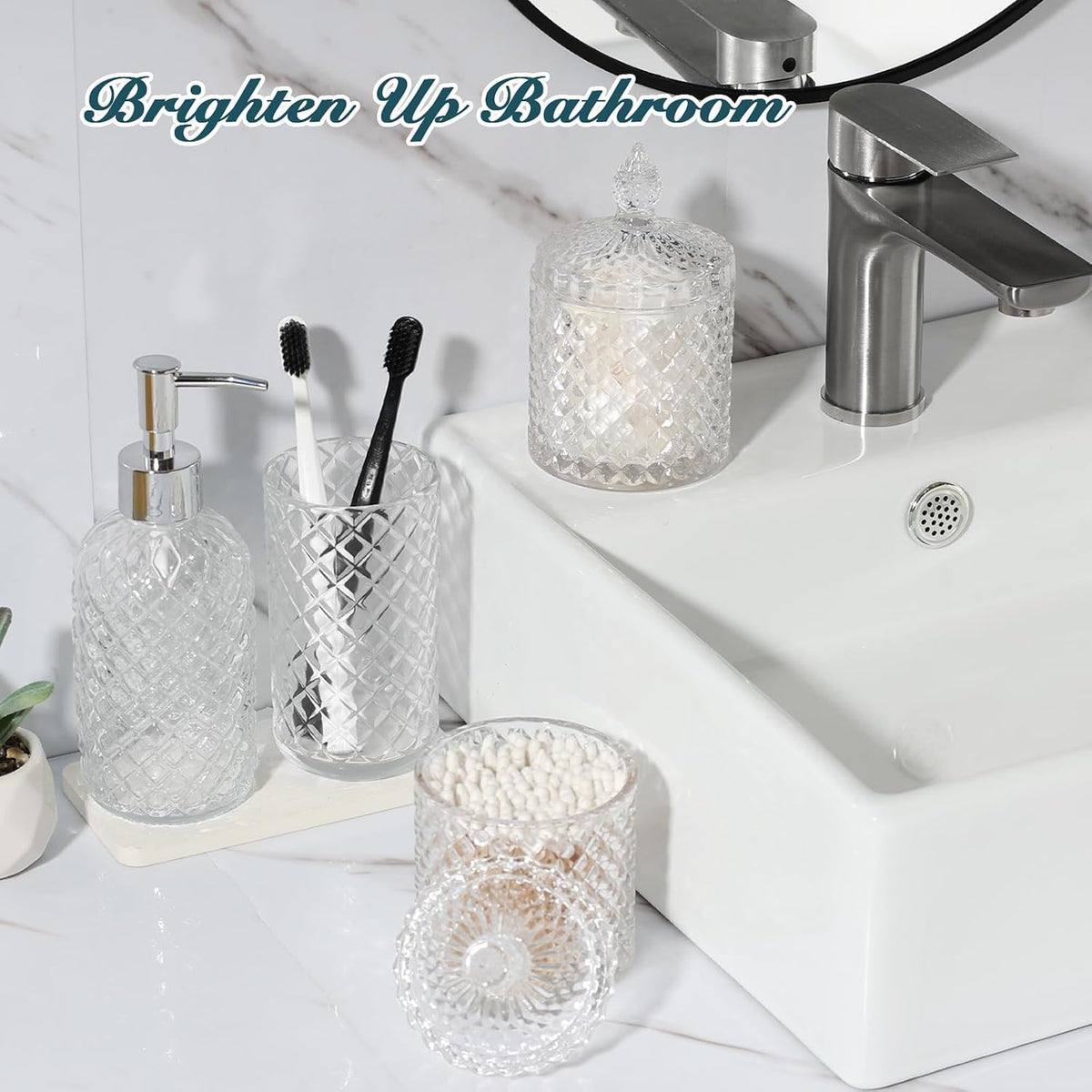 Bathroom Accessories Set, 4 Pack Clear Glass Bath Accessory Sets Complete, Diamond Soap Dispenser and Toothbrush