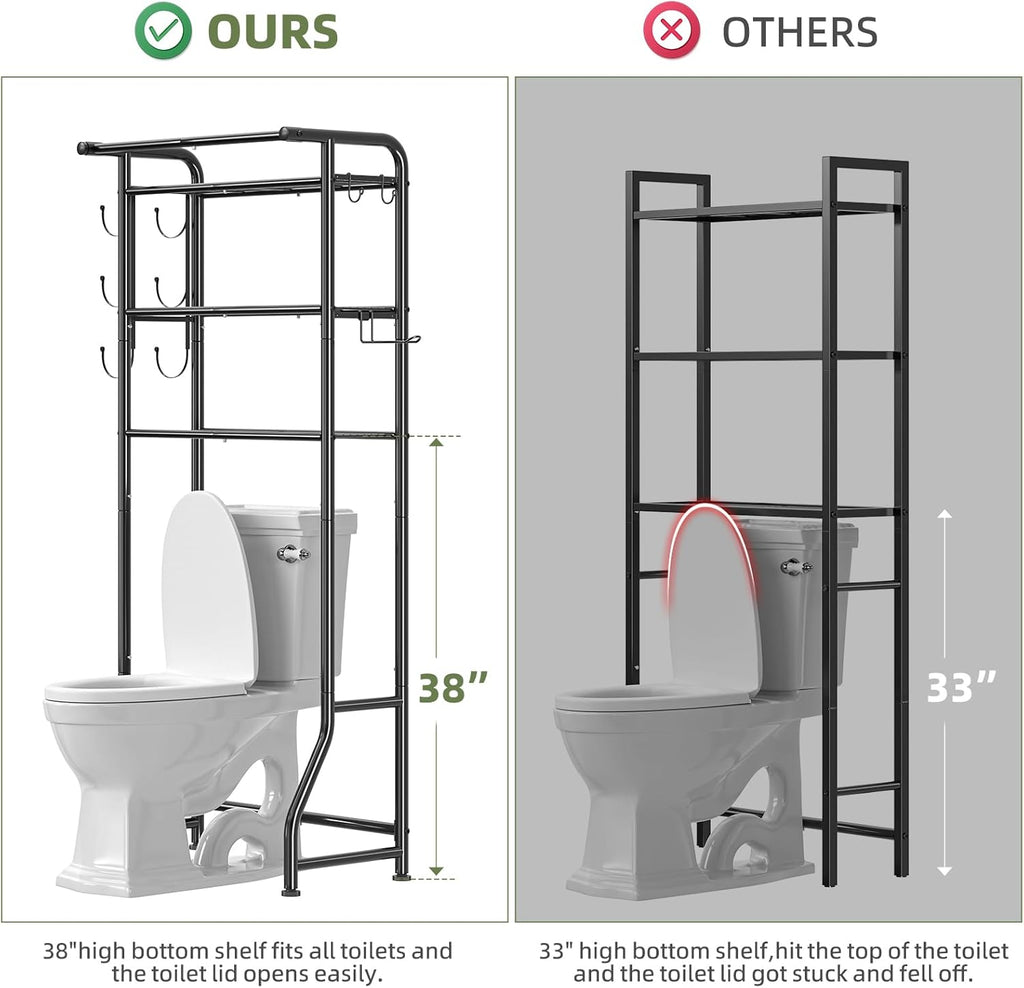 Over The Toilet Storage Cabinet, Metal Bathroom Shelf Organizer with Paper Holder and Hooks, 3 Tier, Black