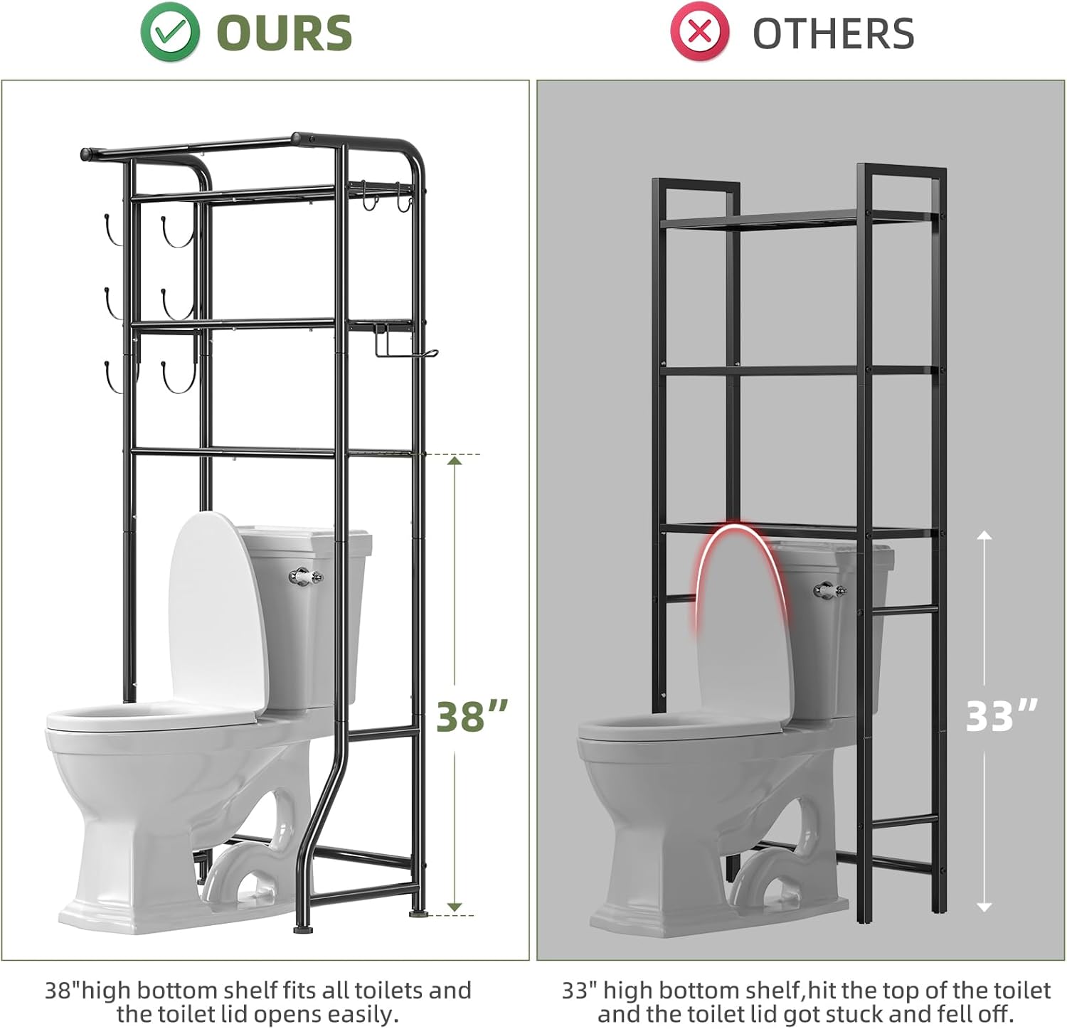 Over The Toilet Storage Cabinet, Metal Bathroom Shelf Organizer with Paper Holder and Hooks, 3 Tier, Black