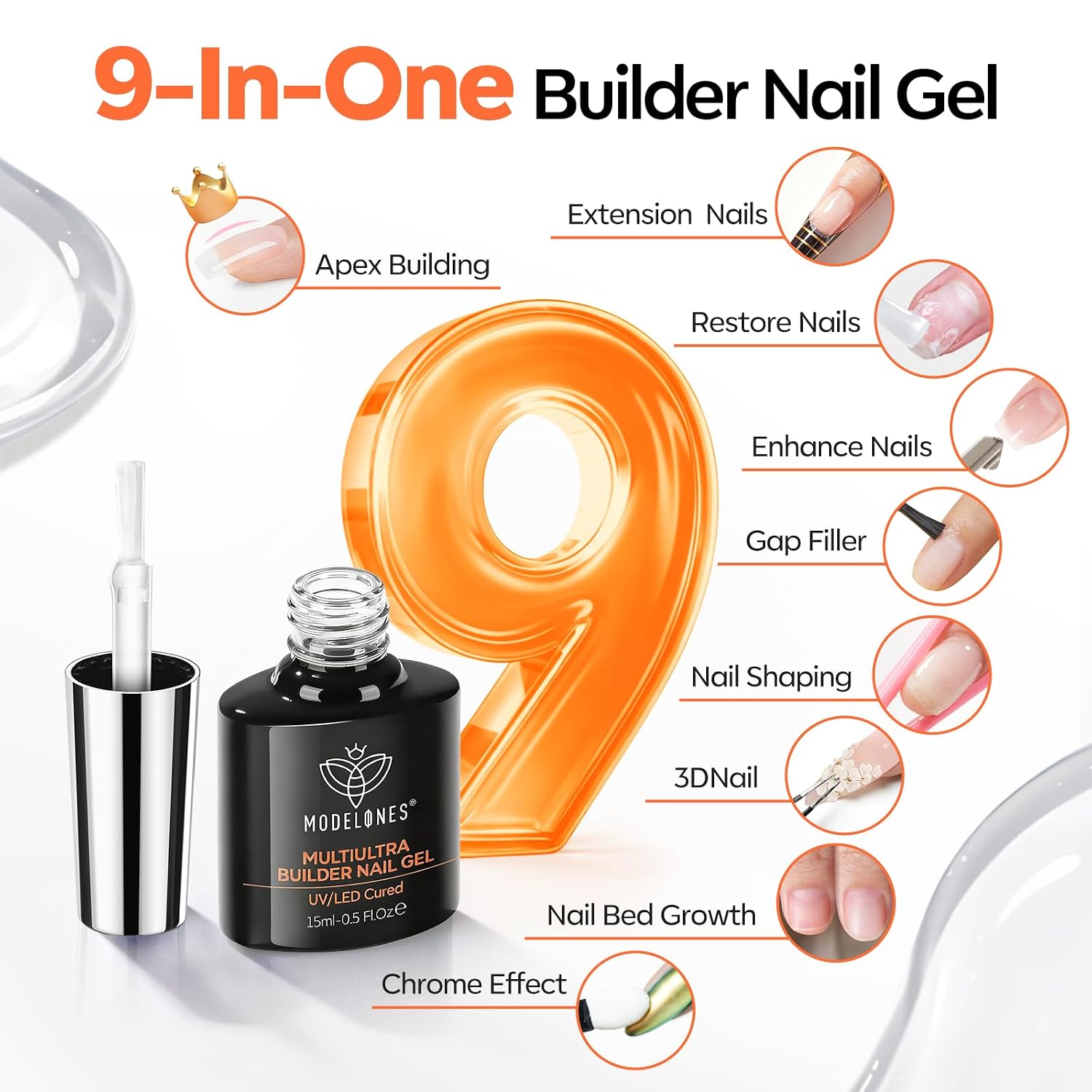 Builder Nail Gel, Ultra Clear Builder No Top Coat Needed | Glossy Jelly Finish, C-Curve Sculpting, 9-in-One LED Lamp
