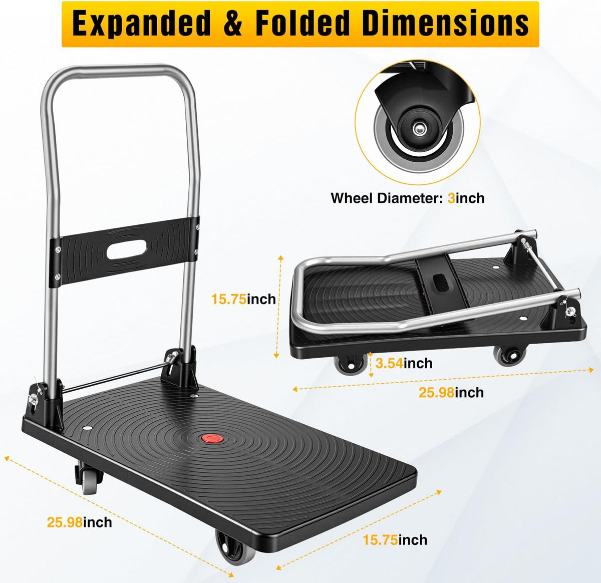 Foldable Platform Cart 220 lbs Push Dolly with 3 Inch PU Wheels PP Deck Flatbed Cart for Home Garage Office Use Black
