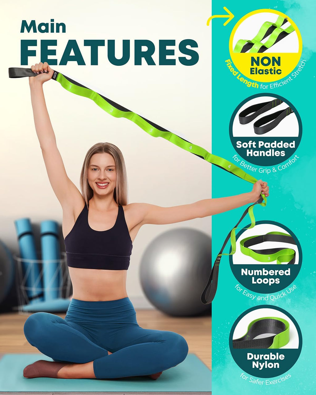 Stretching Strap with Loops - Non Elastic Yoga Strap for Physical Therapy