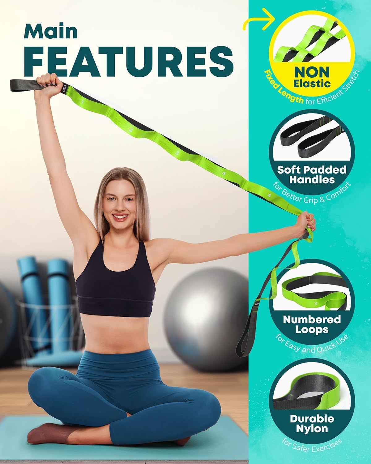 Stretching Strap with Loops - Non Elastic Yoga Strap for Physical Therapy