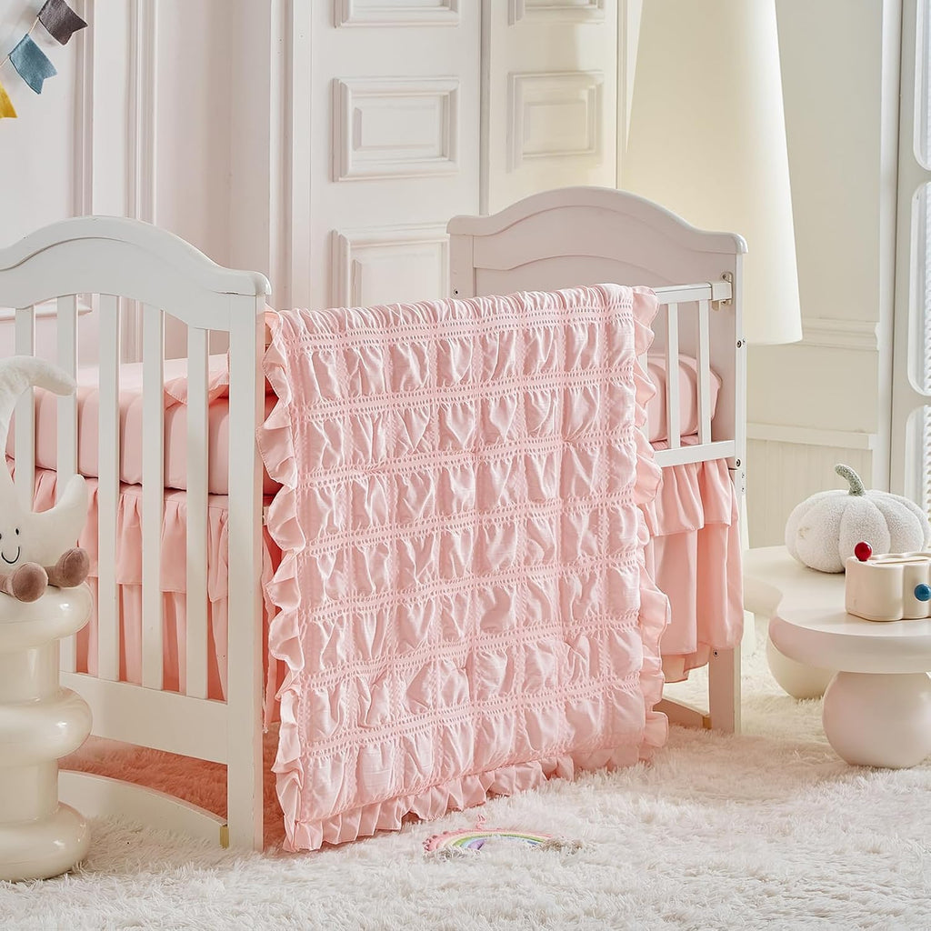 Ruffled Crib Bedding Set Baby Boho Quilted Comforter with Fitted Sheet and Bed Skirt - Cute Soft Breathable