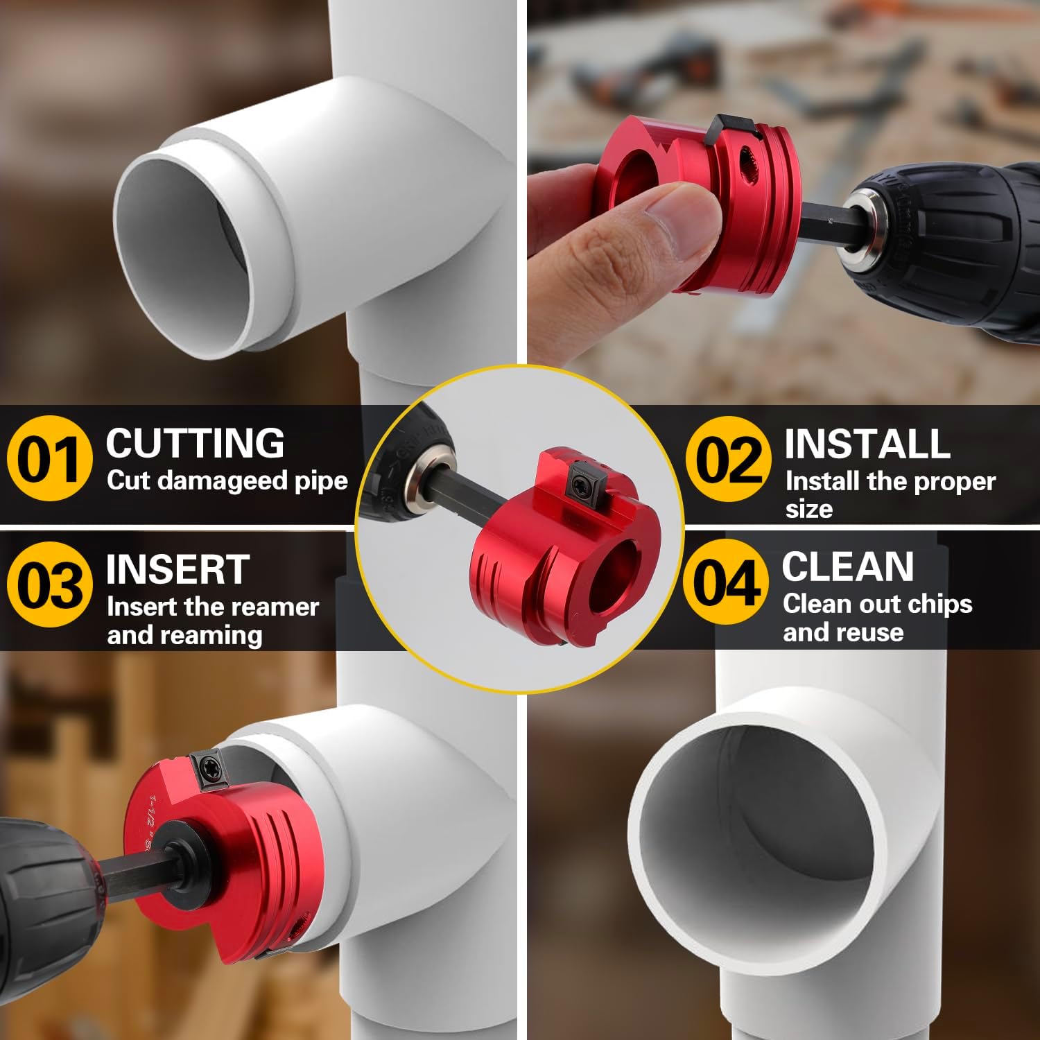 PVC Pipe Reamer Kit, 8 Piece Fitting Saver, 1/2 to 4 Inch