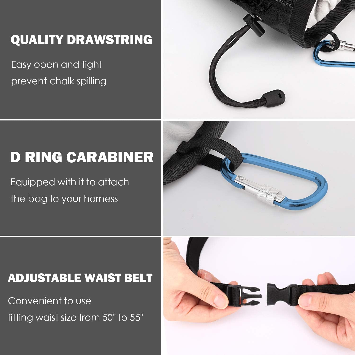 Rock Climbing Chalk Bag, Bouldering Chalk Pot Bucket with Adjustable Belt & Carabiner Drawstring Climbing Gear