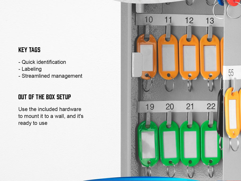 90 Position Key Lock Box – Hook-Style Cabinet with Numbered Hooks, Key Tags, Log Sheet, Labeled Shelves, Wall Mount
