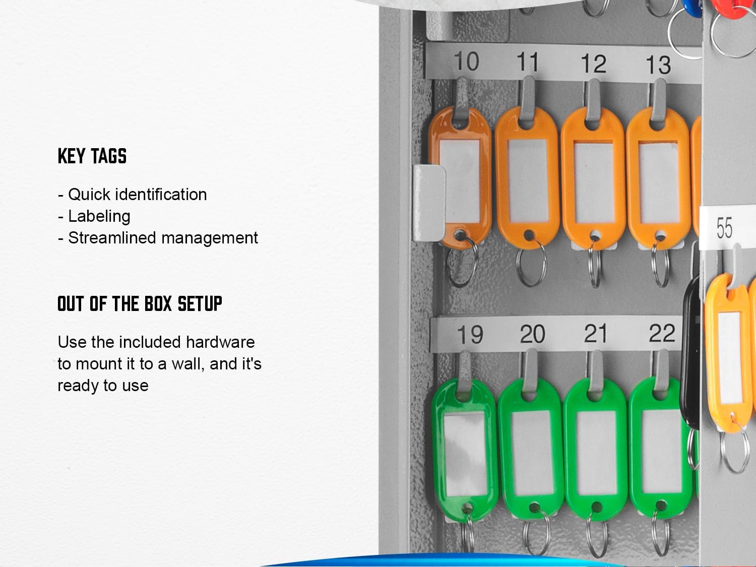 90 Position Key Lock Box – Hook-Style Cabinet with Numbered Hooks, Key Tags, Log Sheet, Labeled Shelves, Wall Mount