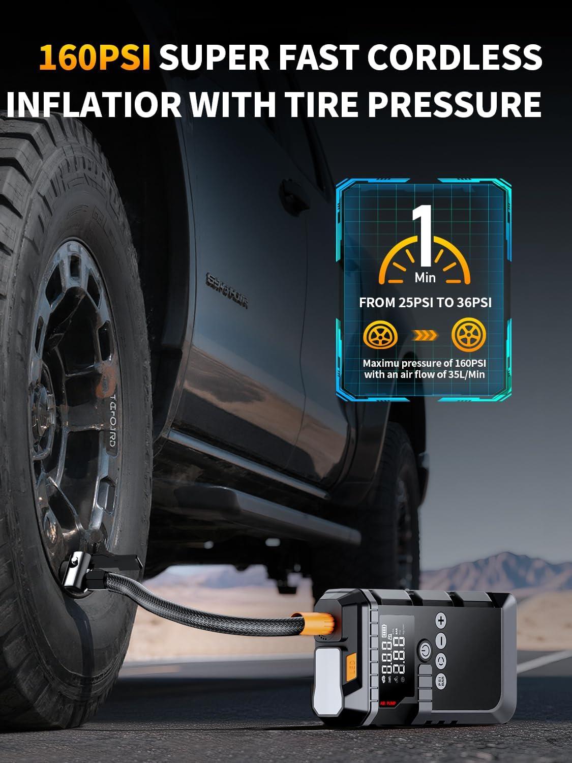 Jump Starter with Air Compressor, Battery Jumper Starter Portable,12V Jump Box with 160PSI Tire Inflator for Car