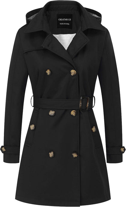 Women's Trench Coat Double-Breasted Classic Lapel Overcoat Belted Slim Outerwear Coat with Detachable Hood