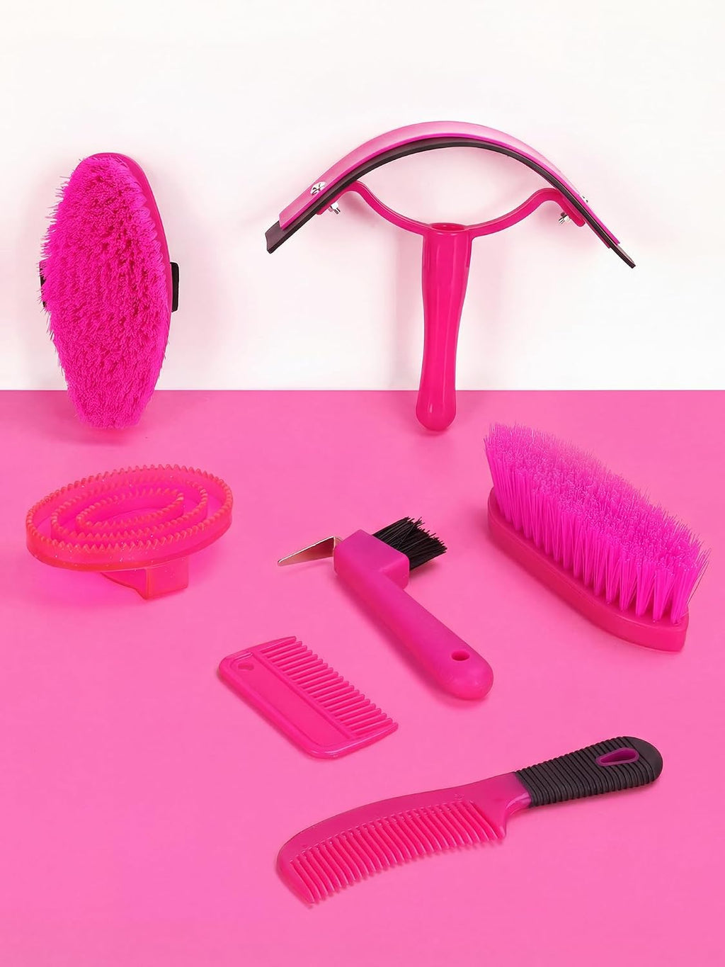 Horse Grooming Kit, Pink Storage Bag with 10 Piece Professional Equestrian Care Tools, Brushes, Combs, Scraper and